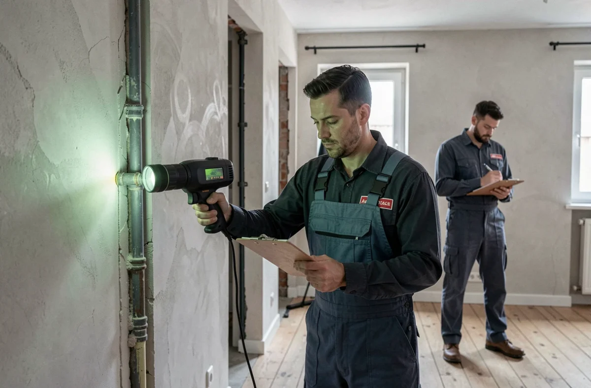 Inspecteur de 2Di Dijon utilisant une caméra thermique pour inspecter les murs d'un appartement dijonnais lors d'une inspection immobilière professionnelle