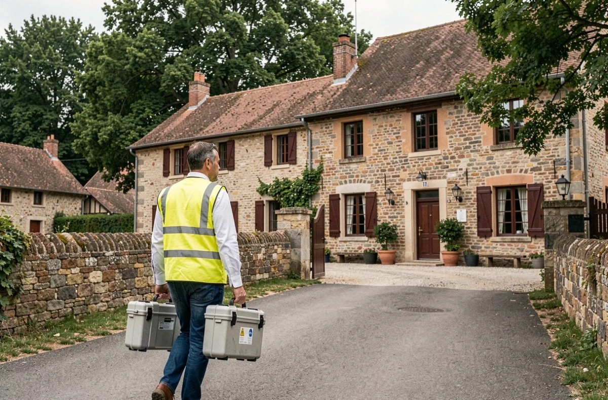 Expert d'ABAG Diagnostics arrivant à une propriété en pierre à Boyer en Saône-et-Loire pour un diagnostic immobilier