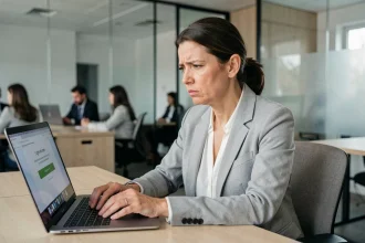 Femme au bureau bloquée sur une page de connexion à son espace épargne salariale en ligne