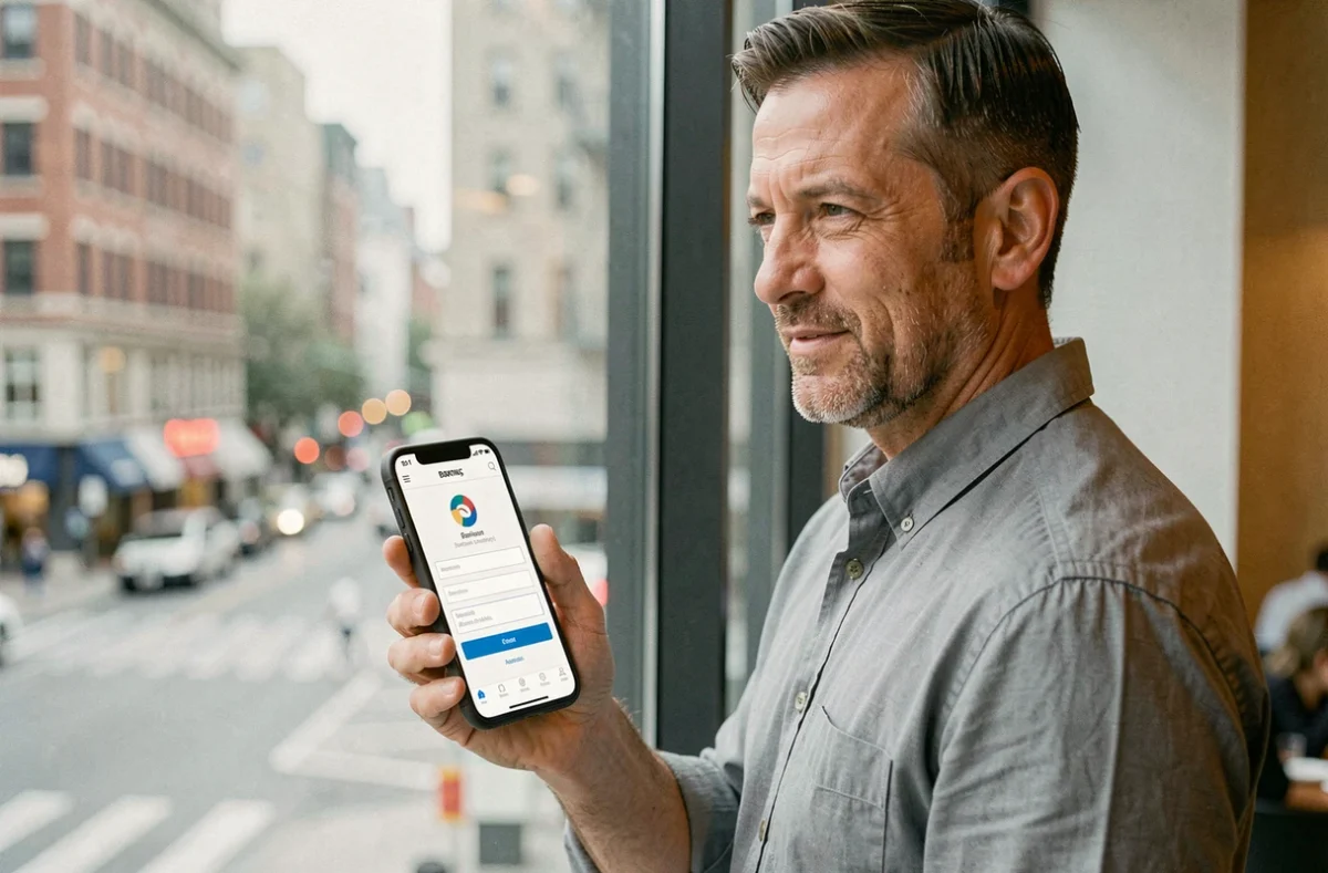 Homme consultant son espace client CMB sur smartphone avec vue urbaine en arrière-plan