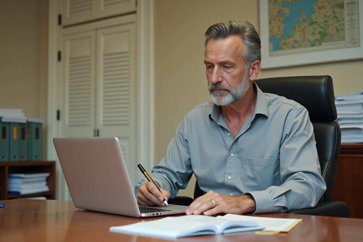 Agent territorial masculin remplissant un formulaire en ligne sur laptop lors de la première connexion à CDC Net Banque des Territoires