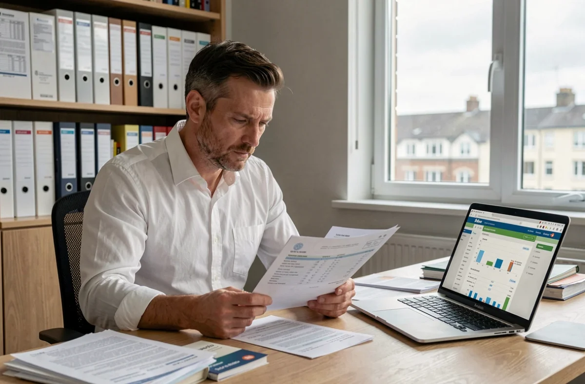 Un homme analyse ses relevés bancaires et son livret épargne avant de clôturer ses comptes depuis son bureau à domicile