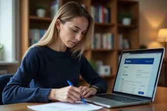 Femme analysant les frais et transactions PayPal sur un ordinateur portable dans un bureau à domicile