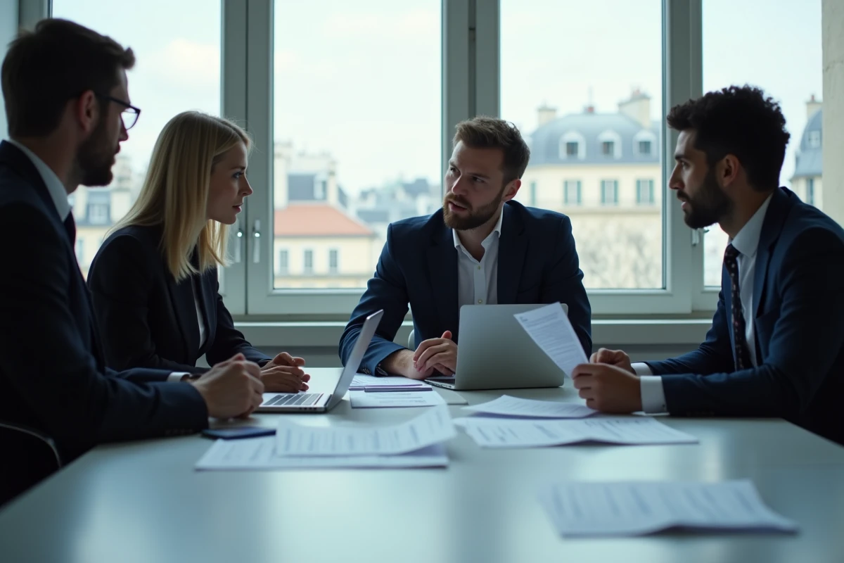 Professionnels analysant des rapports sur les salaires des élus politiques dans un bureau institutionnel parisien