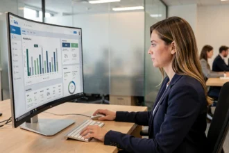 Femme analyste financière examinant un tableau de bord de reporting sur écran incurvé dans un bureau moderne