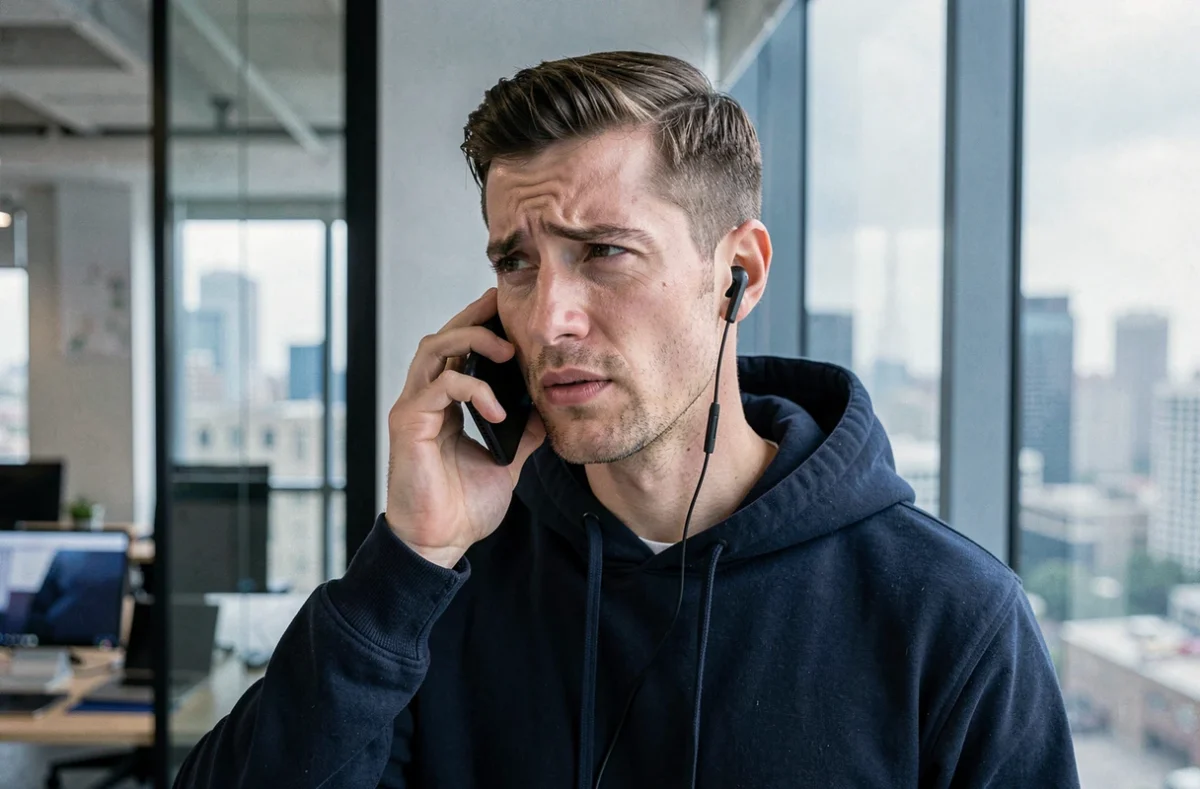 Homme en train d'appeler le support client Lydia depuis un espace de coworking avec son smartphone