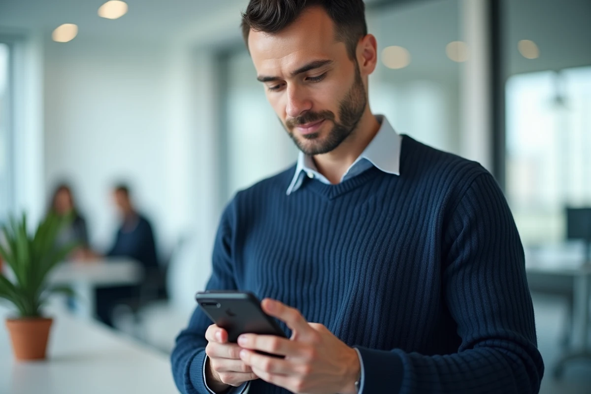 Homme d'affaires consultant son application bancaire sur smartphone au bureau
