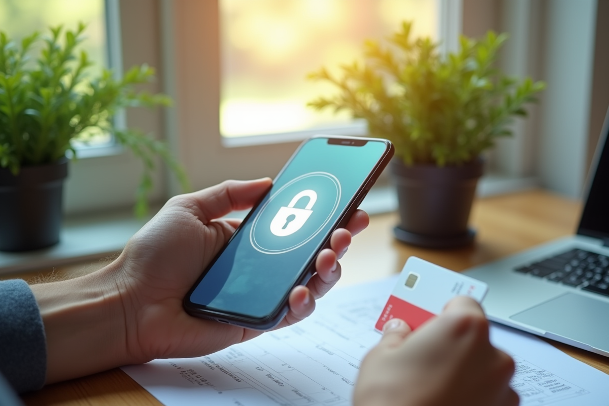 Main tenant smartphone avec application bancaire sécurisée
