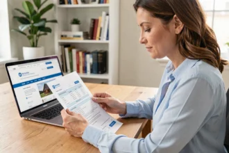 Femme consultant son attestation d'assurance voyage Mondial Assistance sur un bureau en bois à domicile