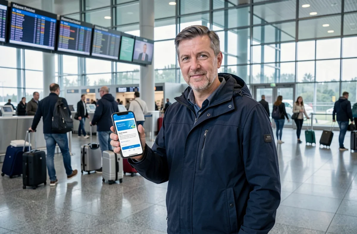 Voyageur consultant son attestation d'assurance Mondial Assistance en format numérique dans un aéroport