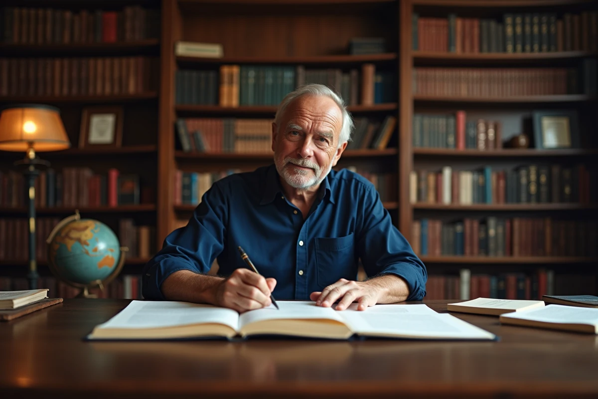 Auteur confirmé et expérimenté relisant son manuscrit dans une bibliothèque personnelle élégante avec des prix littéraires encadrés