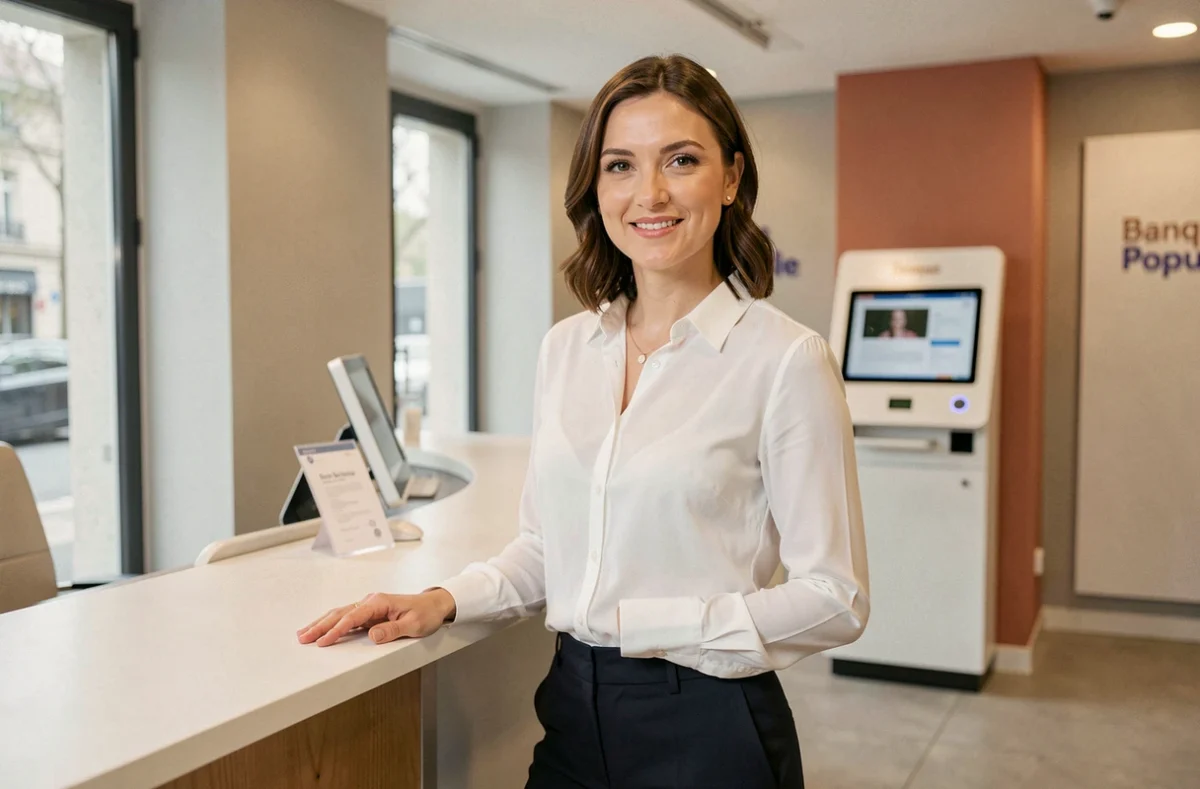 Conseillère de la Banque Populaire Rives de Paris dans une agence moderne aux lignes épurées