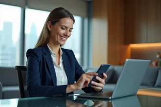 Femme cadre utilisant l'application de banque privée BNP Paribas sur tablette dans un bureau moderne en 2026