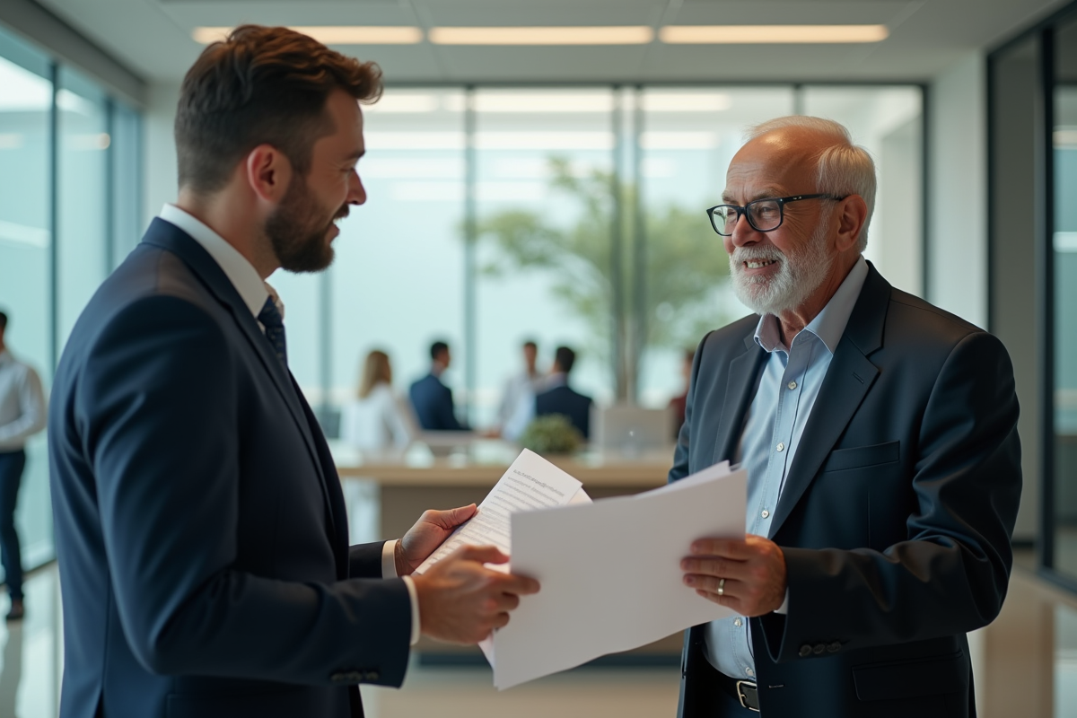 Banquier professionnel discutant avec un homme âgé dans un bureau moderne