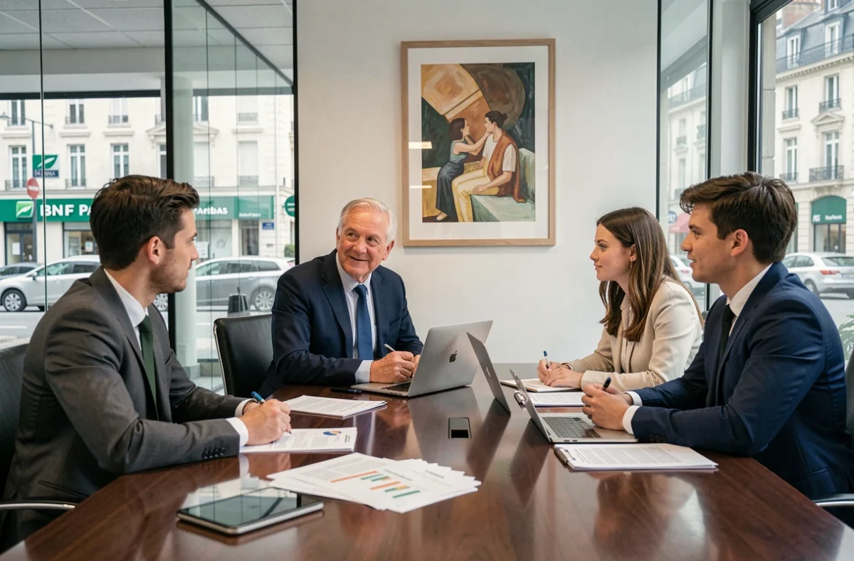 Conseiller BNP Paribas Hauts-de-France en réunion avec deux jeunes clients dans une salle de réunion moderne