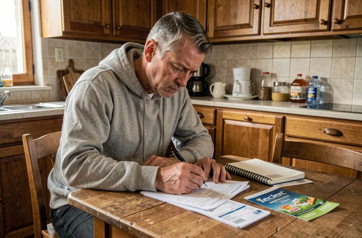 Homme calculant son budget courses avec des tickets de caisse et un prospectus Leclerc sur une table de cuisine