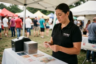 Femme comptant des billets de banque dans une caisse métallique lors d'un événement en plein air, avec des souches de billets et une imprimante de reçus sur la table