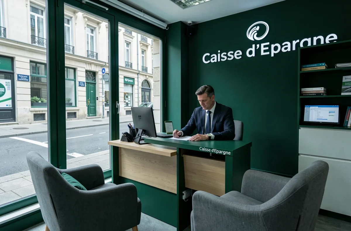 Intérieur d'une agence Caisse d'Épargne Hauts de France avec un conseiller en rendez-vous client