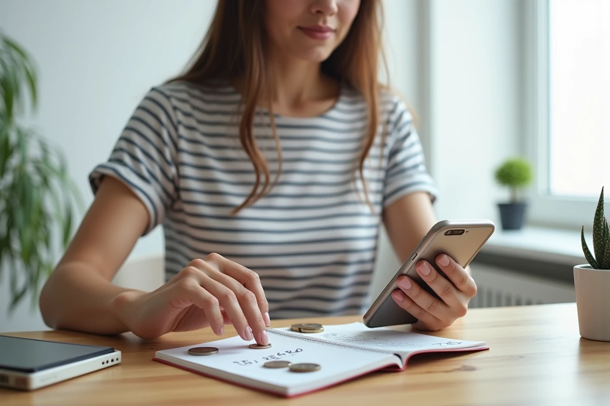 Jeune femme calculant mentalement la conversion dirham euros à son bureau avec smartphone et pièces de monnaie marocaines
