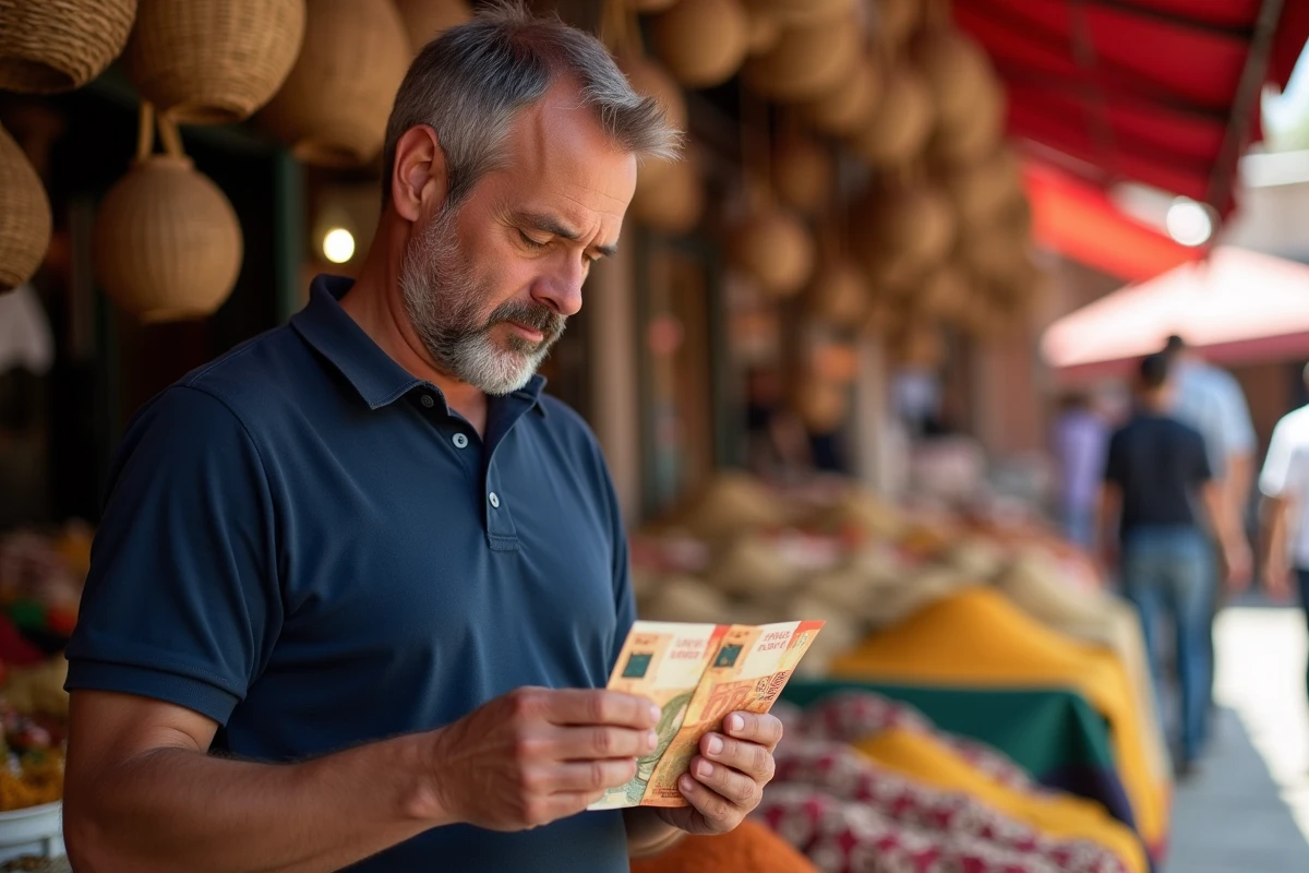 Homme convertissant des dirhams en euros devant un étal de souk marocain avec des billets en main