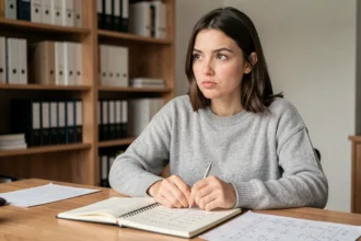 Jeune femme concentrée effectuant un calcul mental de taux d'évolution à son bureau avec un cahier de formules mathématiques