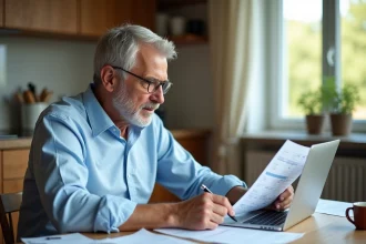 Un homme d'une cinquantaine d'années calcule sa retraite nette à la table de sa cuisine avec des documents imprimés et un ordinateur portable