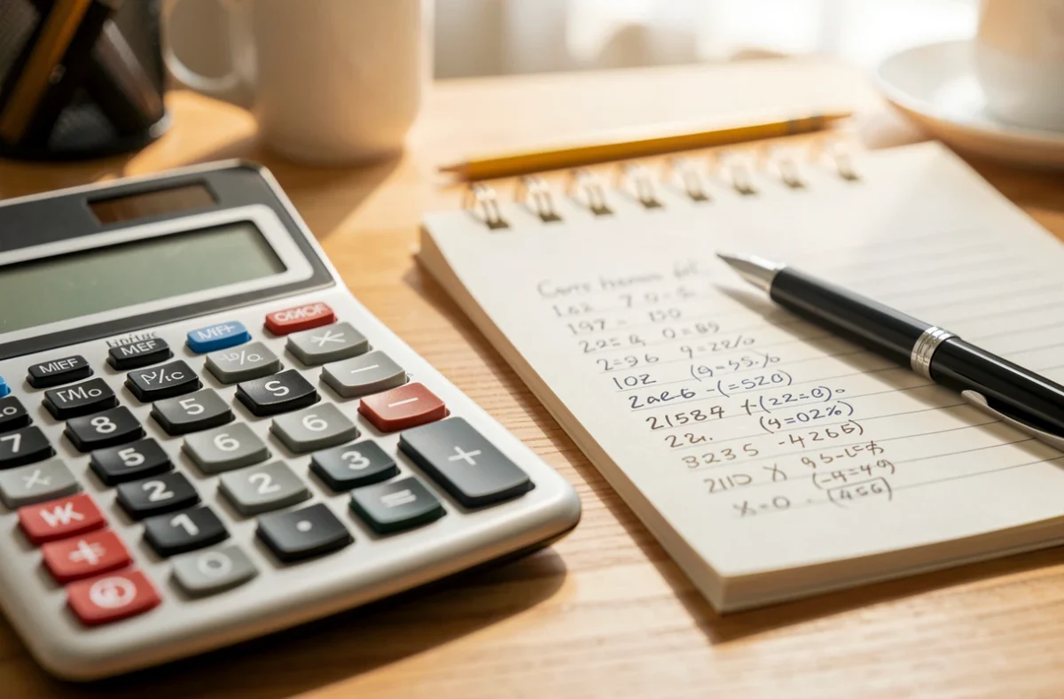 Calculatrice et carnet de chiffres posés sur un bureau