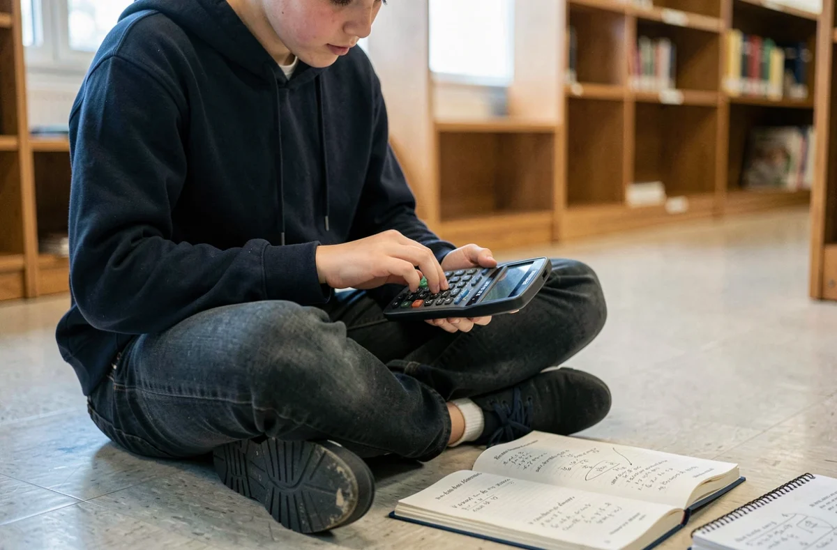 Lycéen utilisant une calculatrice scientifique pour calculer un taux d'évolution avec un manuel de mathématiques ouvert sur le sol d'une bibliothèque