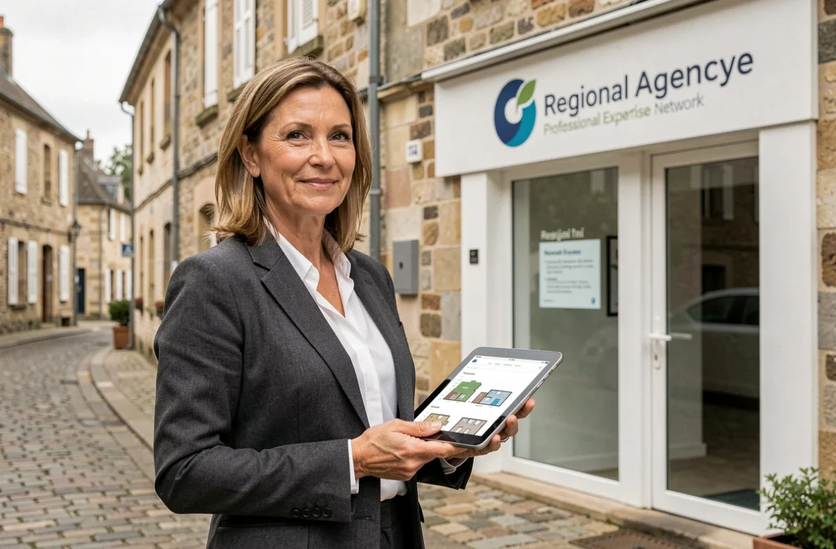 Coordinatrice du Centre National de l'Expertise immobilière devant une agence professionnelle en région Bourgogne