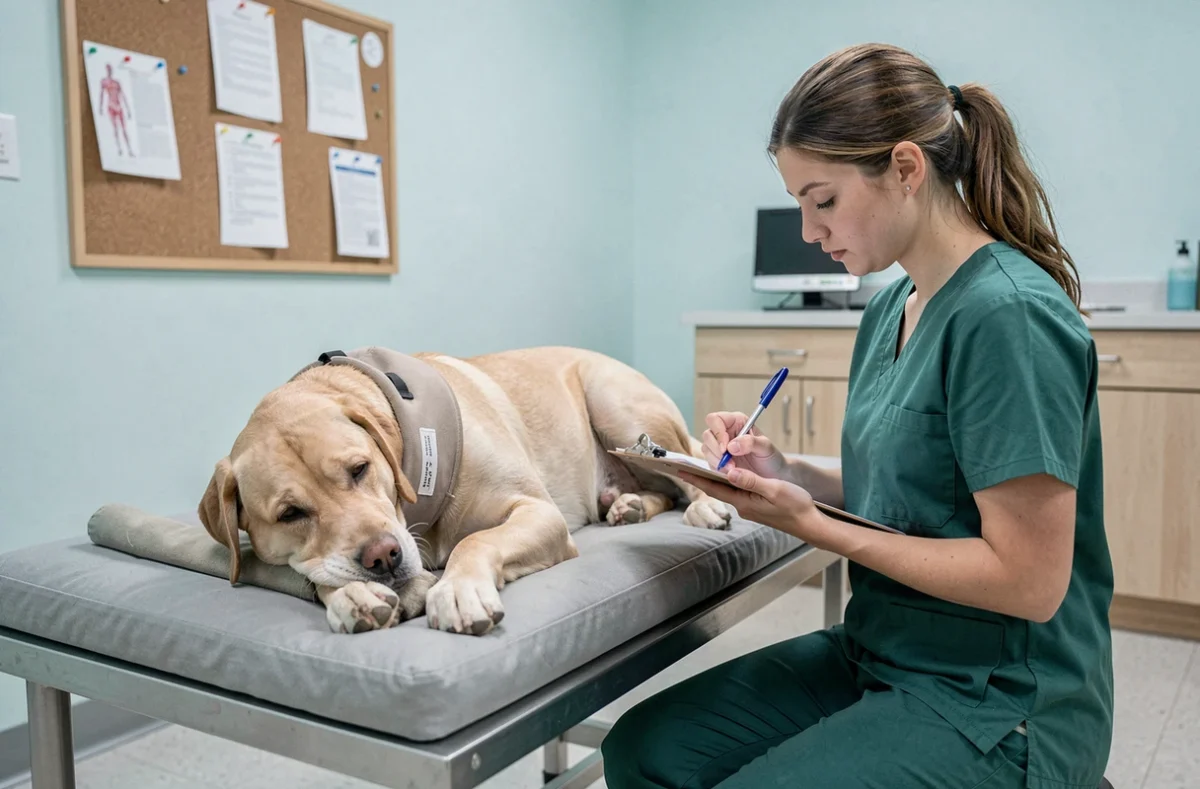 Technicienne vétérinaire surveillant un labrador senior en convalescence dans une salle de soins après une opération