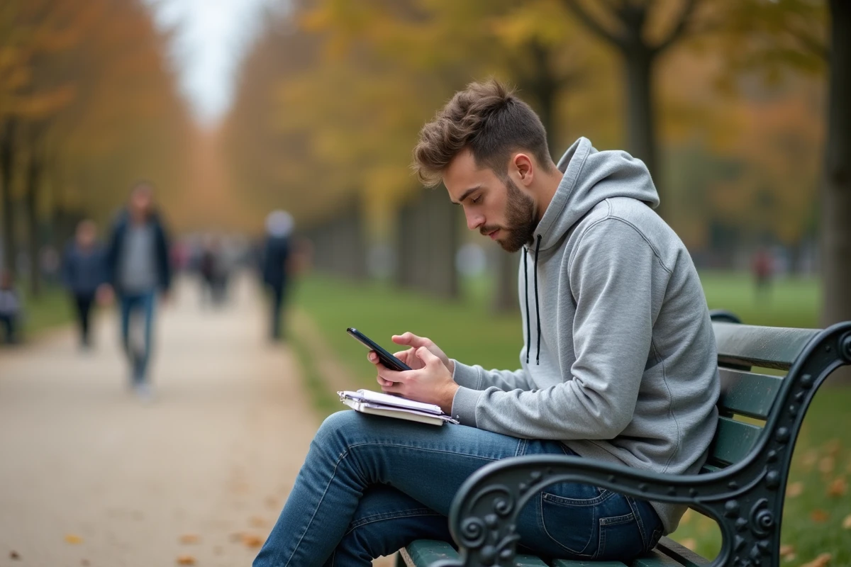 Jeune adulte comparant des options bancaires sur téléphone dans un parc urbain