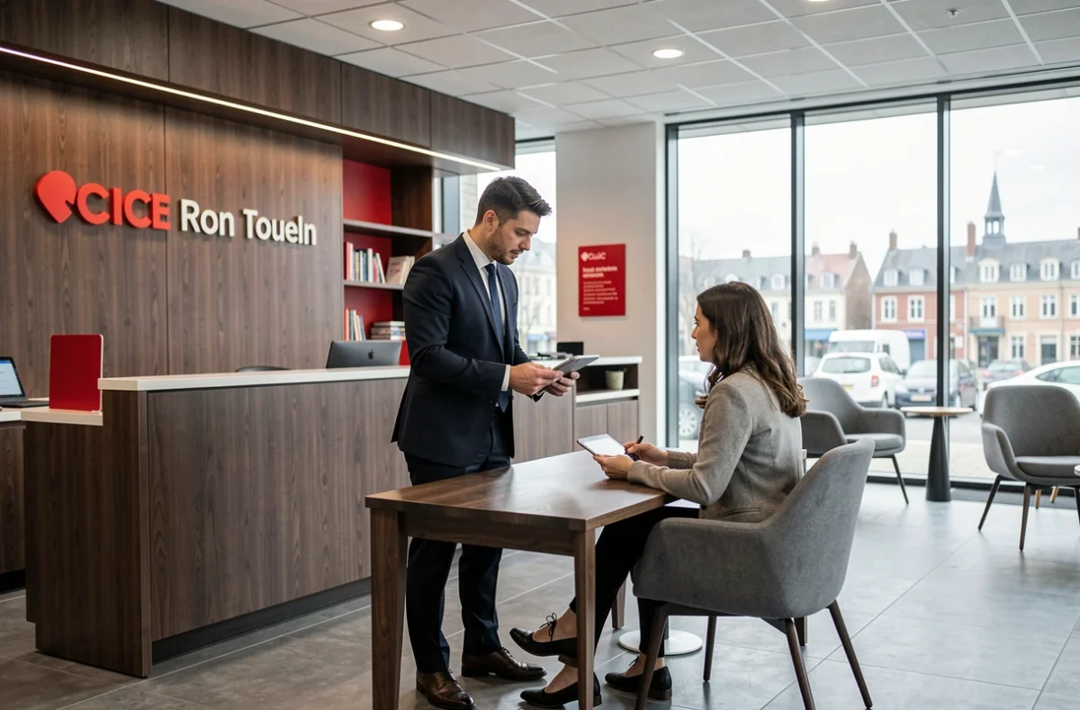Conseiller du CIC Nord Ouest présentant des services bancaires sur tablette à une cliente dans une agence moderne