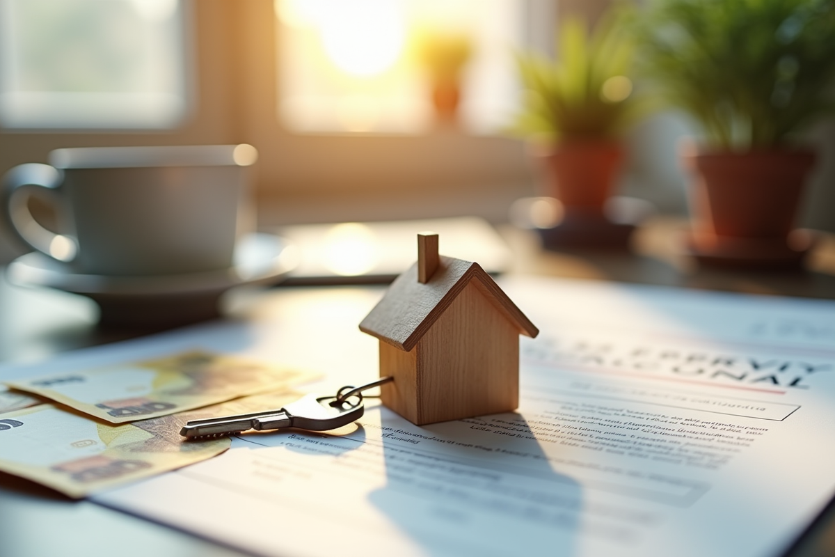 Clé avec porte-clé maison sur document de prêt et billets d
