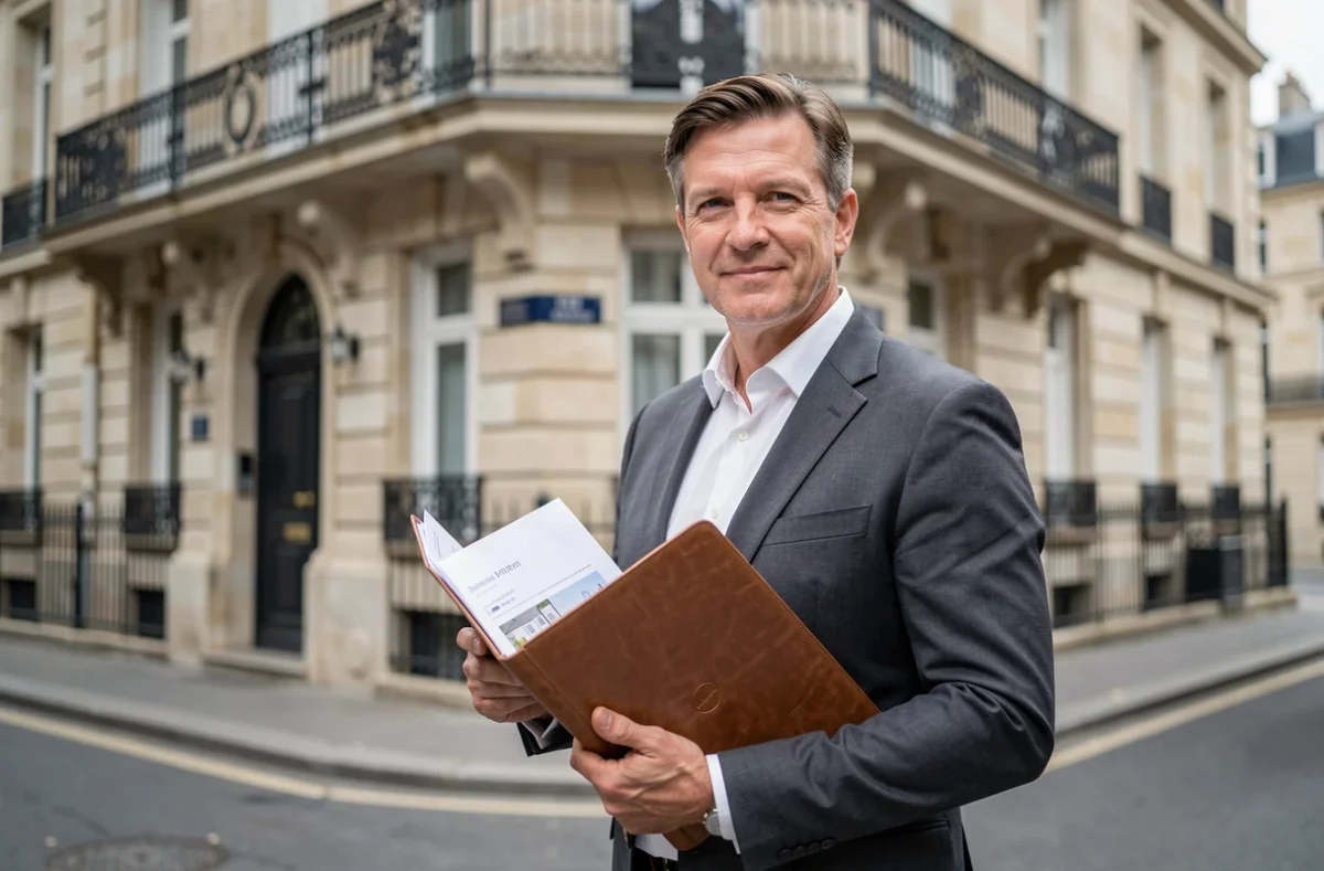 Agent immobilier de Cogim Musette Dijon devant une façade en pierre calcaire typique du quartier historique rue Musette à Dijon