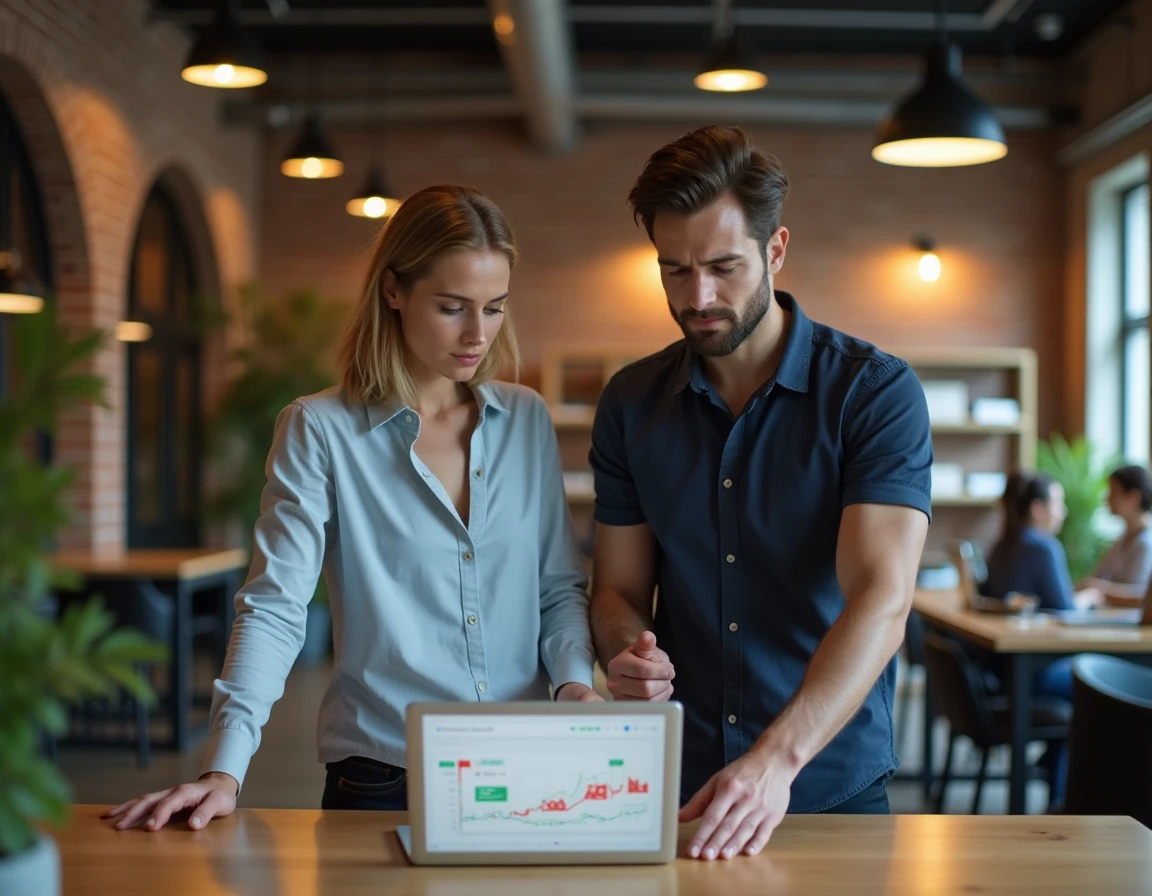 Deux collègues analysant ensemble un tableau de bord de portefeuille crypto sur un ordinateur portable dans un espace de coworking moderne, pointant les erreurs de rendement Bitstack