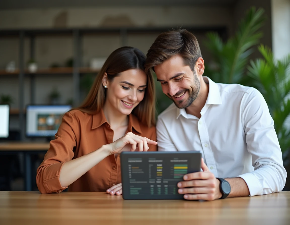 Deux collègues analysant ensemble un outil de calcul de fiche de paie sur tablette dans un espace de coworking