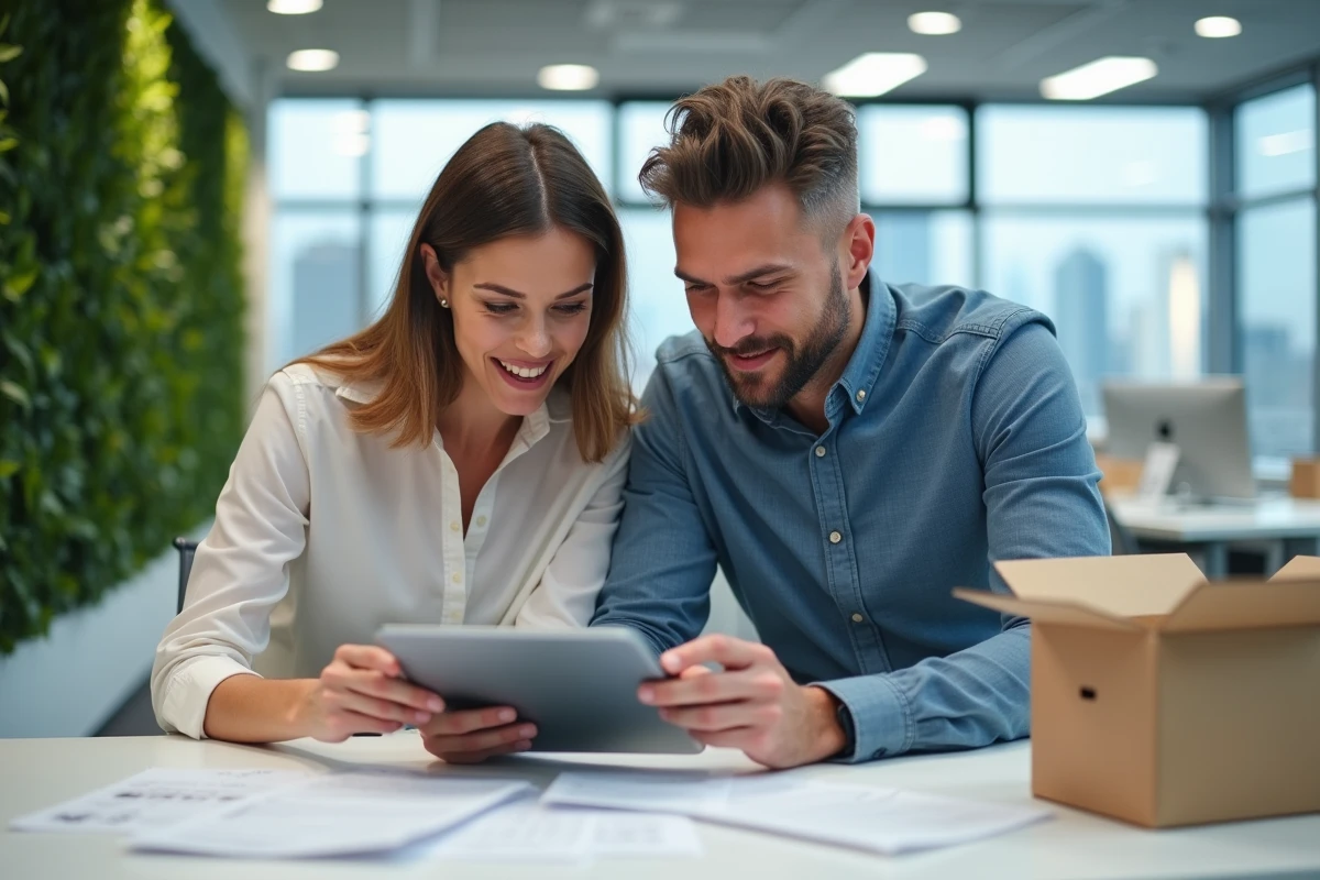 Deux collègues comparant des options d'achats en ligne sur tablette dans un bureau moderne, illustrant le choix entre Bimpli Amazon et d'autres enseignes pour optimiser les dépenses professionnelles