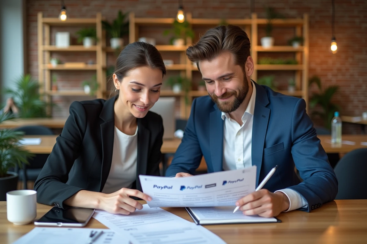 Deux collègues étudiant les protections et frais cachés PayPal sur des documents imprimés dans un espace de coworking