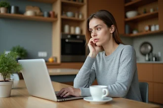 Femme comparant des offres d'achats en ligne sur son ordinateur portable dans une cuisine moderne, illustrant le choix entre Bimpli Amazon et autres enseignes