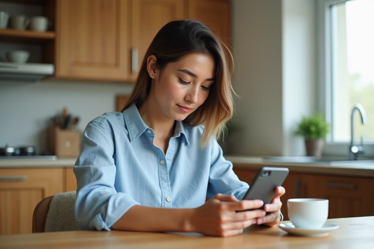 Femme comparant deux applications bancaires sur smartphone à une table de cuisine moderne