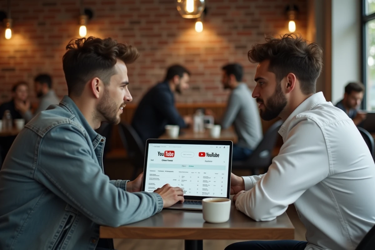Deux créateurs de contenu automobile comparant leurs performances YouTube dans un café urbain