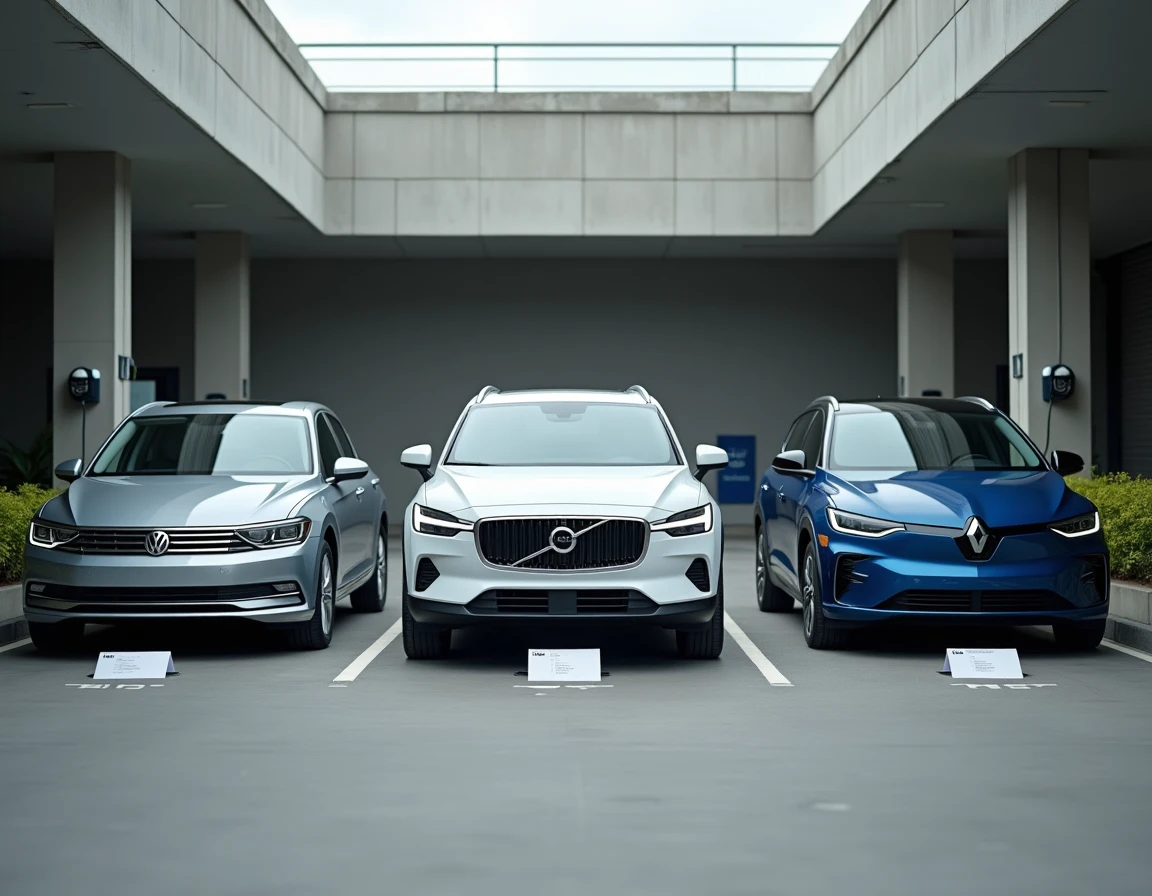 Comparaison de trois véhicules de tourisme essence, hybride et électrique dans un parking d'entreprise pour illustration fiscale