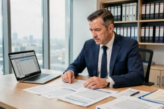 Comptable en costume marine examinant des formulaires fiscaux français sur un bureau de bureau moderne en 2026