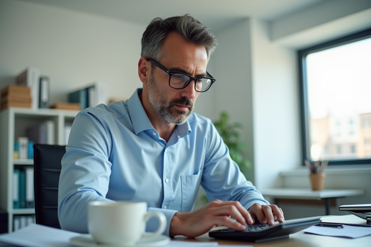 Homme comptable entrant des données sur une calculatrice dans un bureau