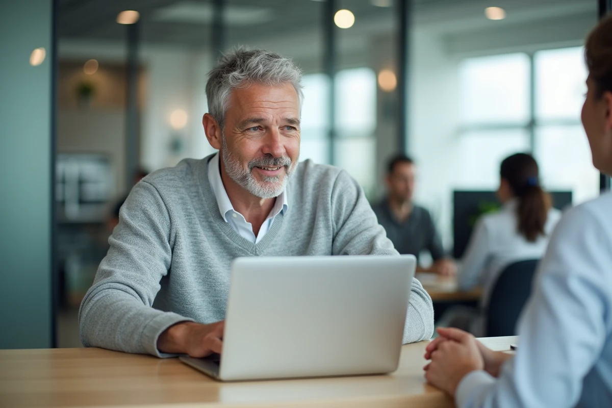 Client masculin ouvrant un compte Coopanet avec un conseiller bancaire en agence