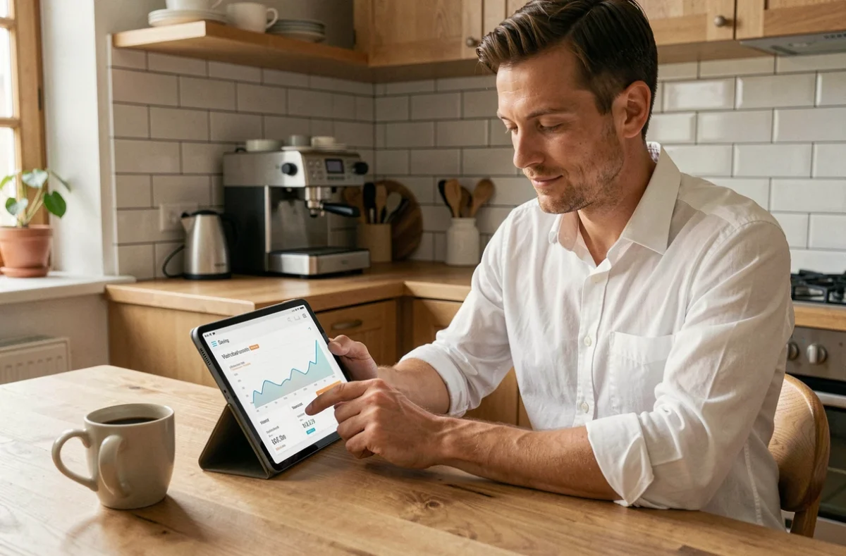 Homme consultant son compte épargne salariale CIC sur tablette à domicile