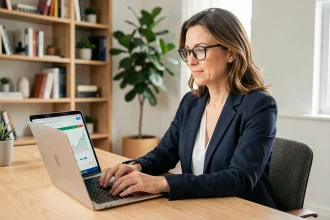 Femme professionnelle se connectant à son espace client bancaire CMB sur un ordinateur portable dans un bureau moderne