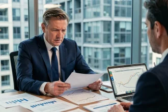 Conseiller bancaire examinant des documents sur les taux Euribor 3 mois avec un client dans un bureau moderne