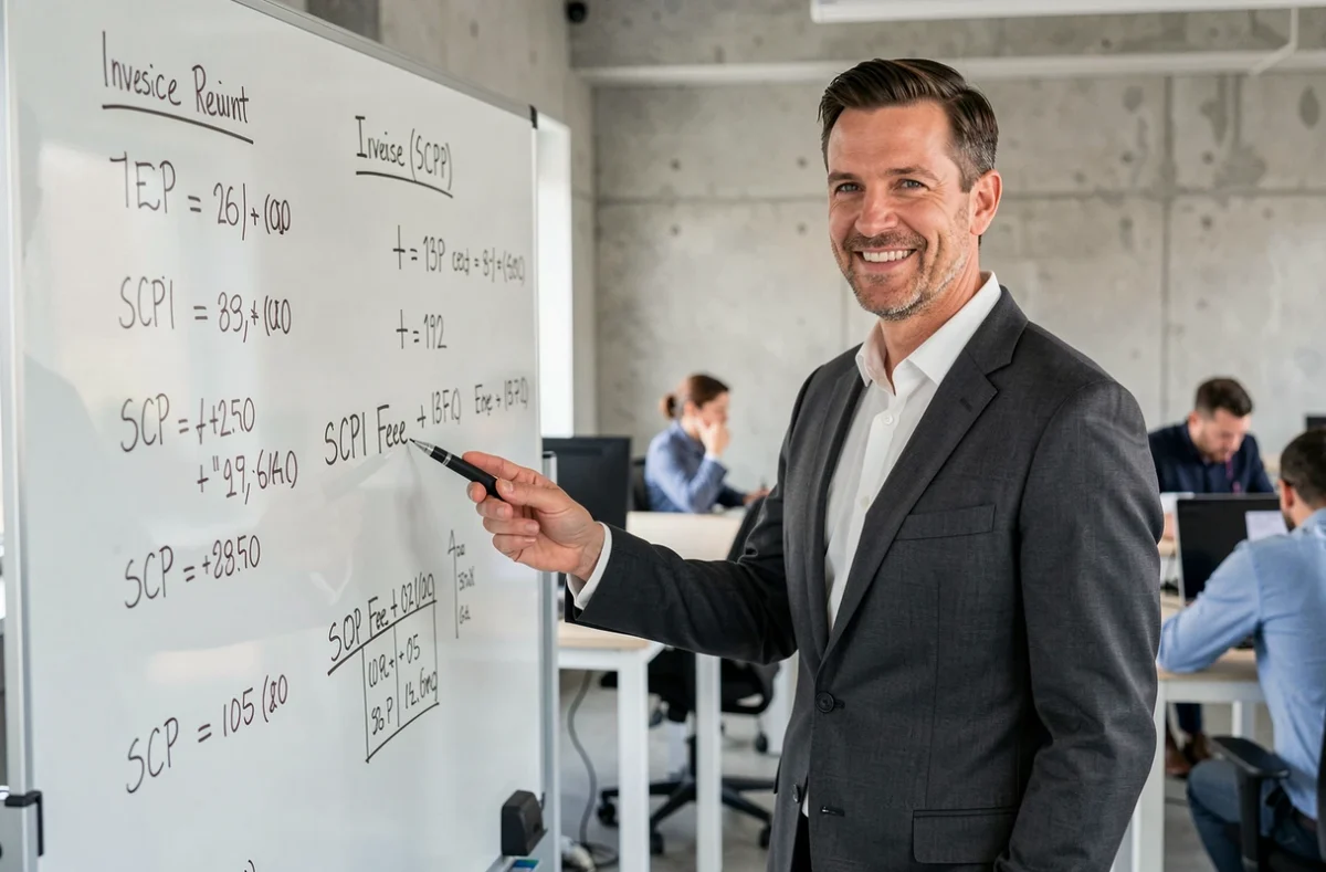Conseiller financier présentant les rendements et frais d'une SCPI sur un tableau en salle de réunion