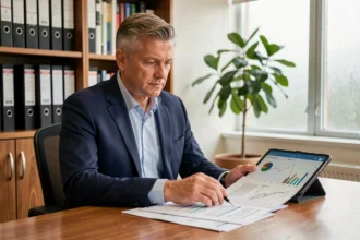 Conseiller financier analysant des documents sur une SCPI investie en Ehpad dans un bureau professionnel
